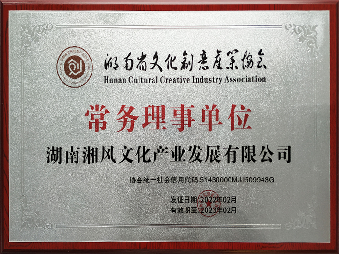 湖南省文化创意产业协会常务理事单位证书